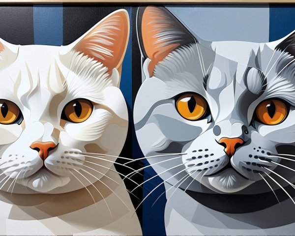 Vibrant Painting of Two Cats with Contrasting Features