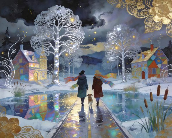 Twilight Winter Scene with People and Dog by Water