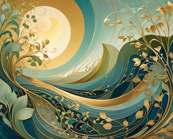 Abstract Composition of Waves and Foliage in Gold and Turquoise