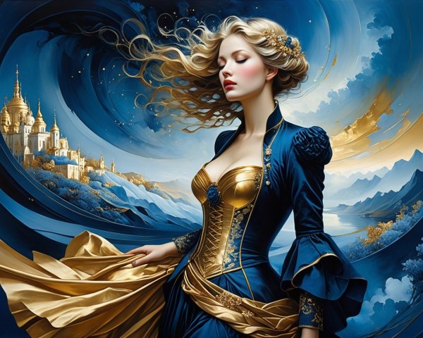 Woman in Blue Gown in a Dreamlike Landscape