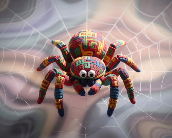 Colorful Knitted Crochet Spider Toy on Spiderweb