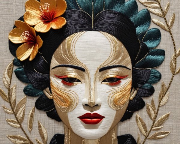 Embroidered Portrait of a Woman with Floral Details