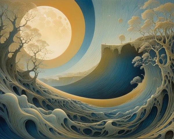 Surreal Landscape with Luminous Moon and Ocean Wave
