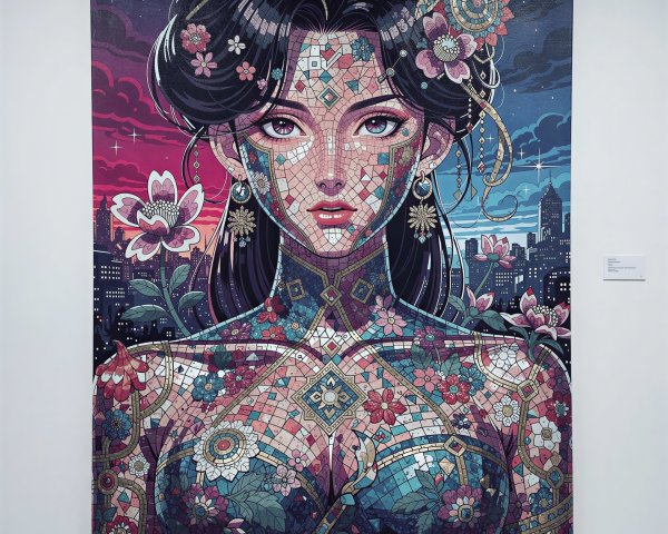 Mosaic Art Illustration of a Woman in Gallery Setting