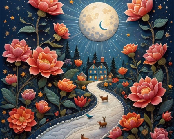 Ornate Storybook Illustration with Celestial Elements