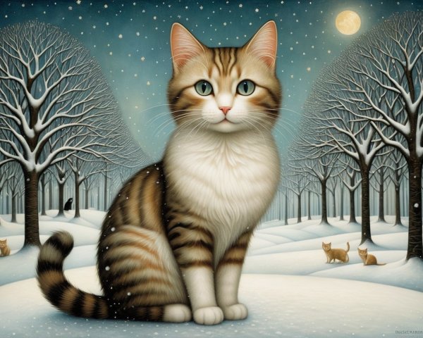 Cozy Winter Scene with Tabby Cat and Snowy Landscape
