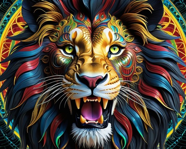 Vibrantly Illustrated Lion's Face with Intricate Patterns