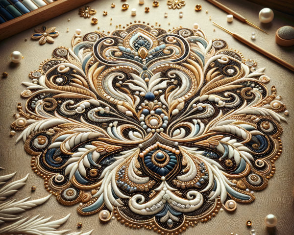 Intricate embroidery design with floral motifs and beads