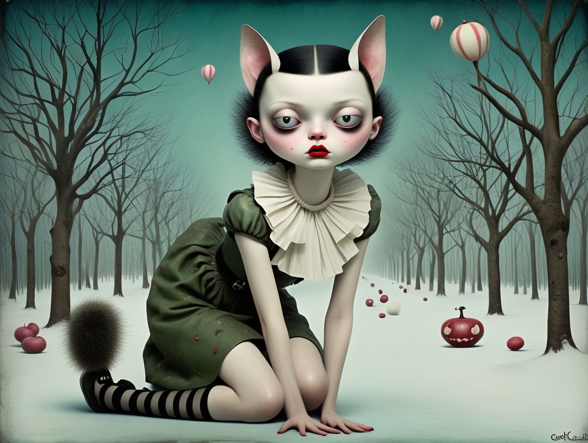 Surreal Winter Landscape with Cat-Eared Girl