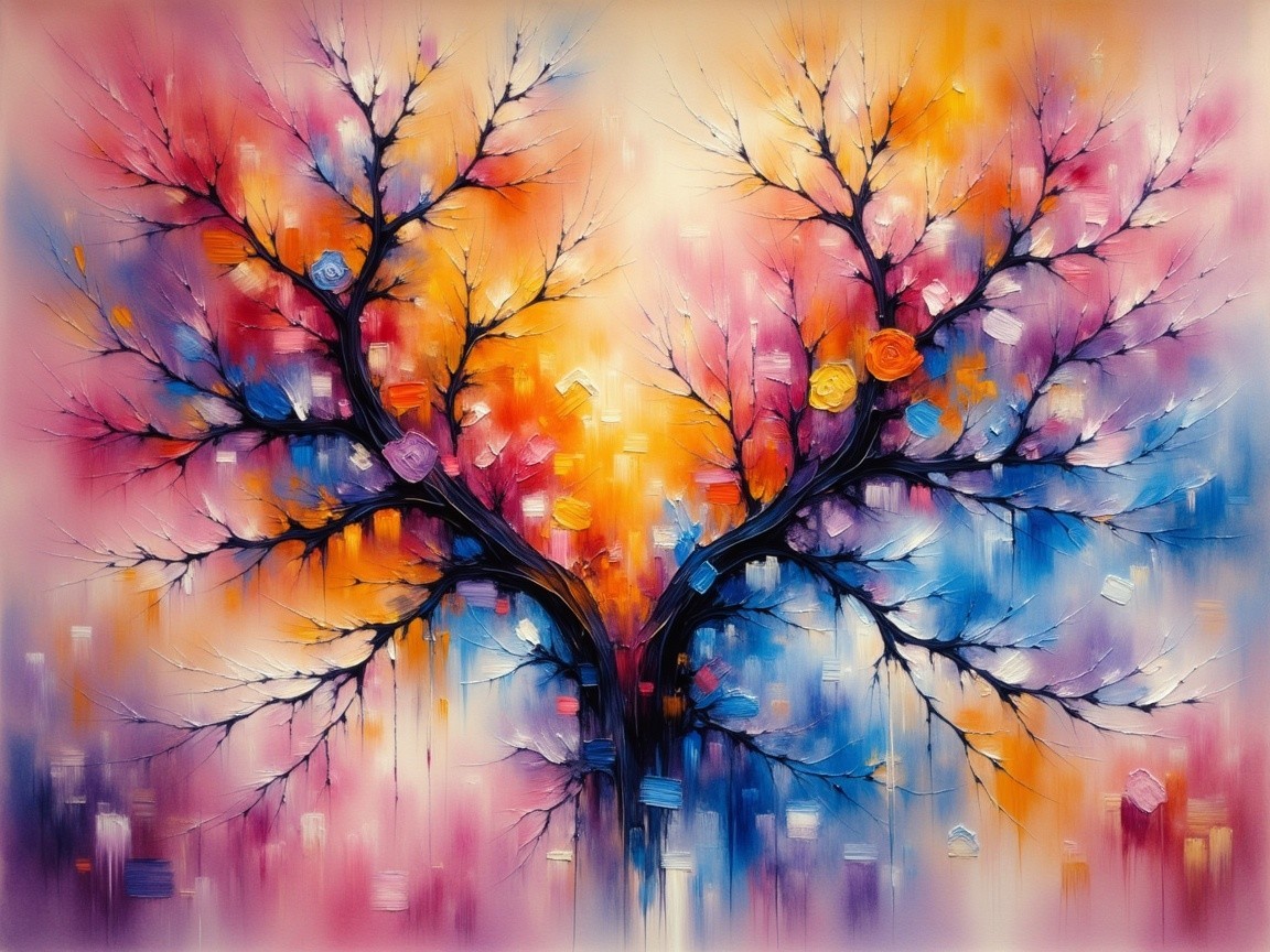 Abstract Painting of Intertwining Trees and Blossoms