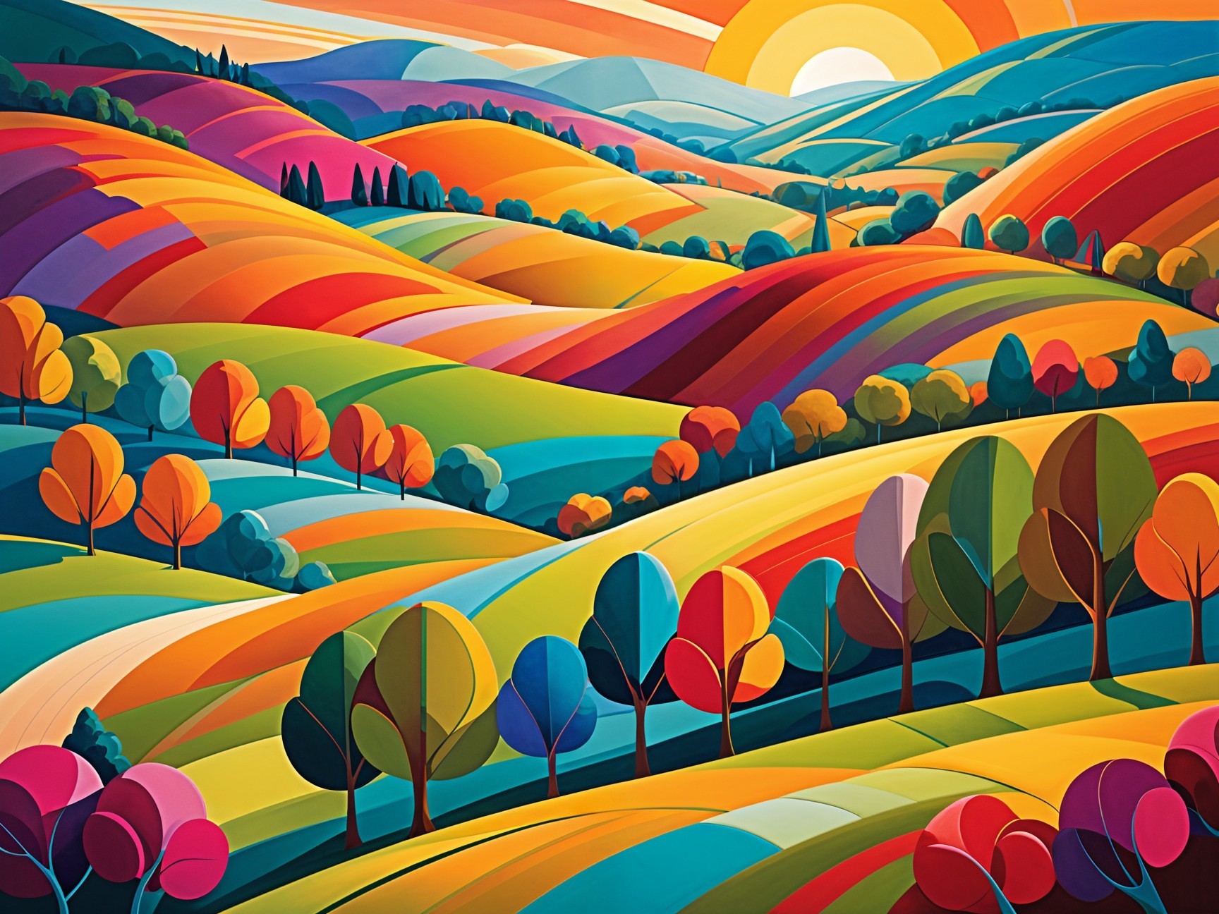 Vibrant Landscape with Colorful Hills and Trees