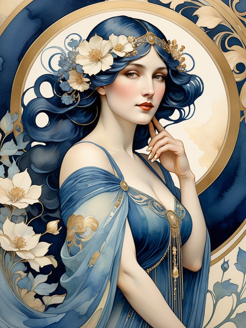 Elegant Woman in Blue Garments with Floral Accents