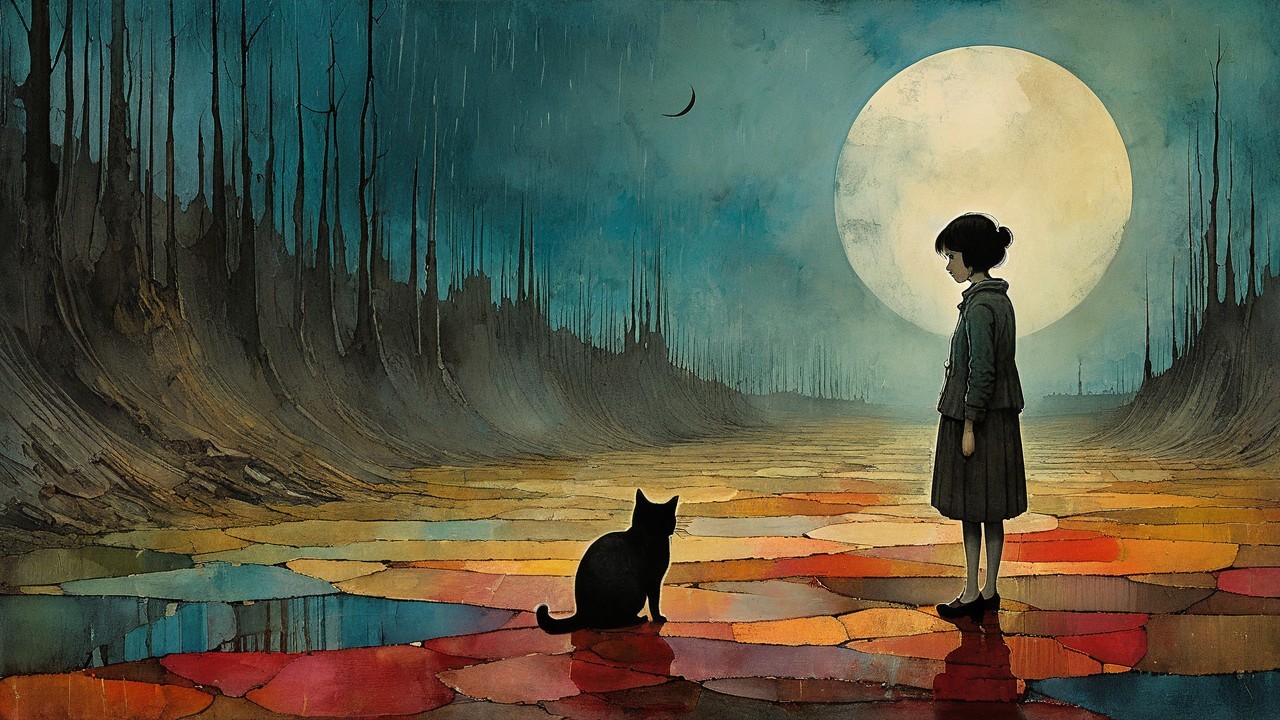 Young Girl and Cat on Colorful Pathway Under Moon