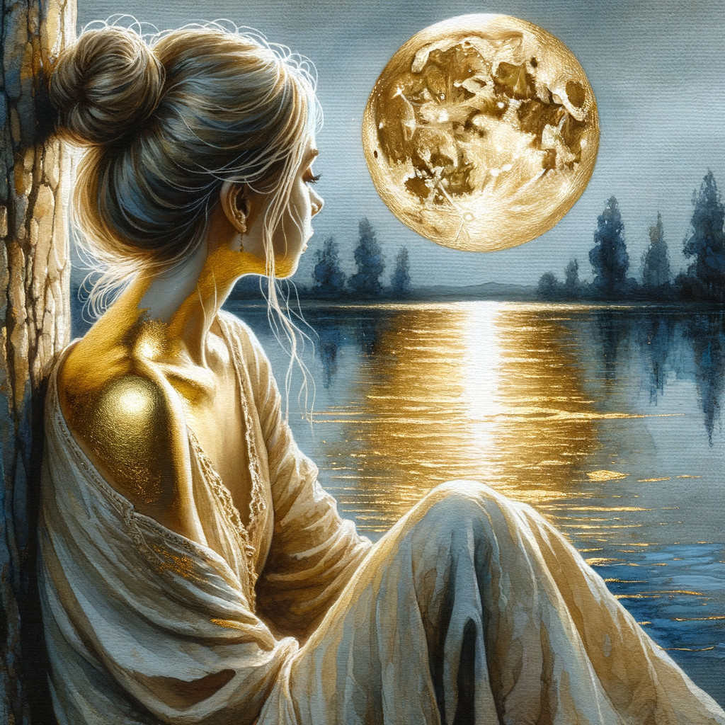 Serene Woman by Tranquil Lake Under Full Moon
