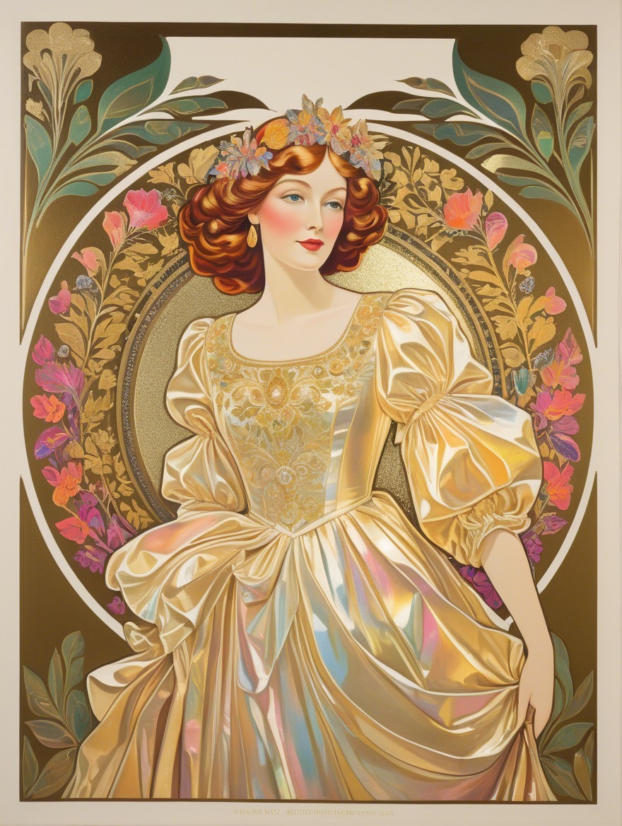 Regal figure in golden gown with floral designs