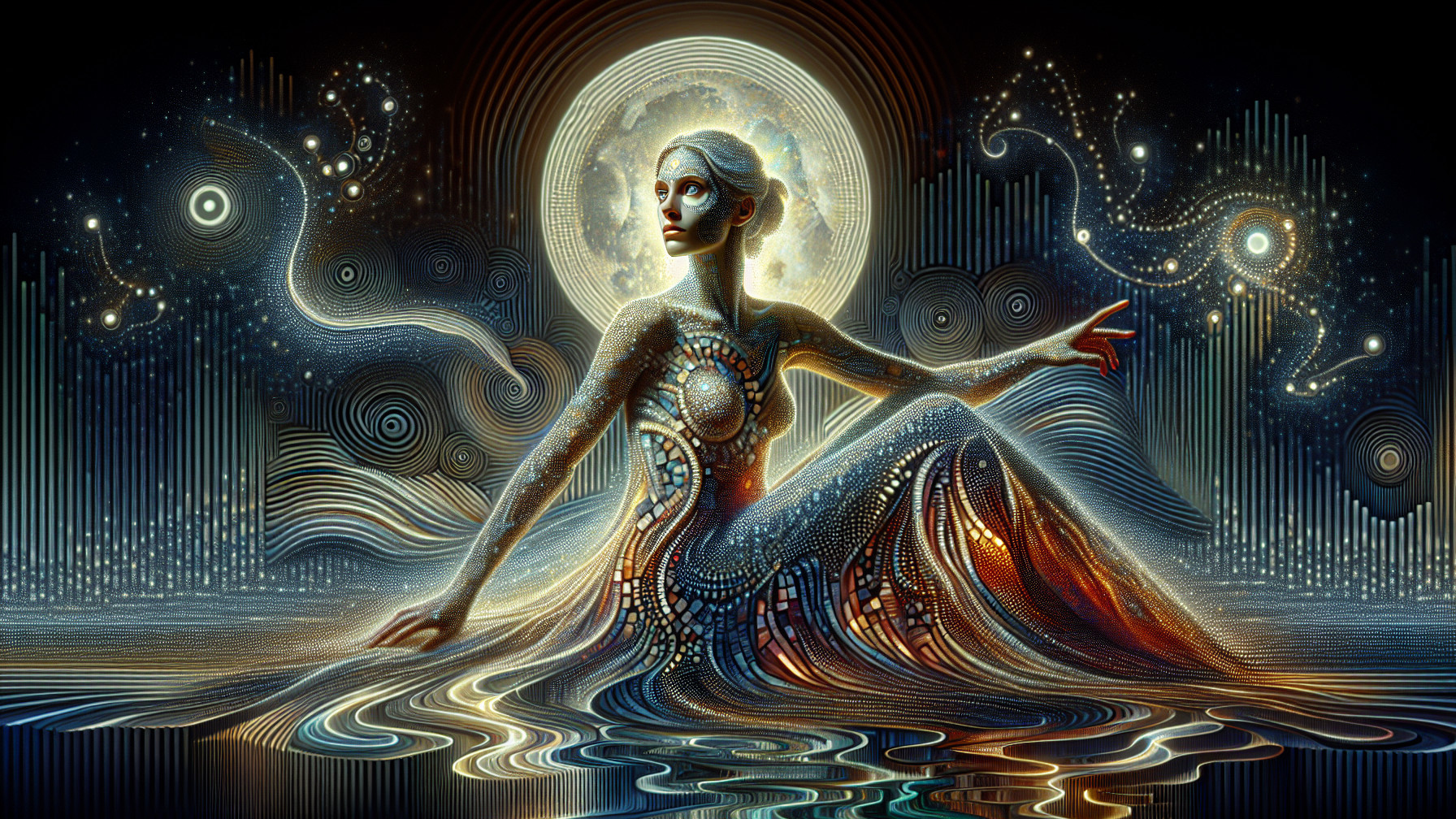 Luminous Figure on Reflective Surface in Cosmic Scene