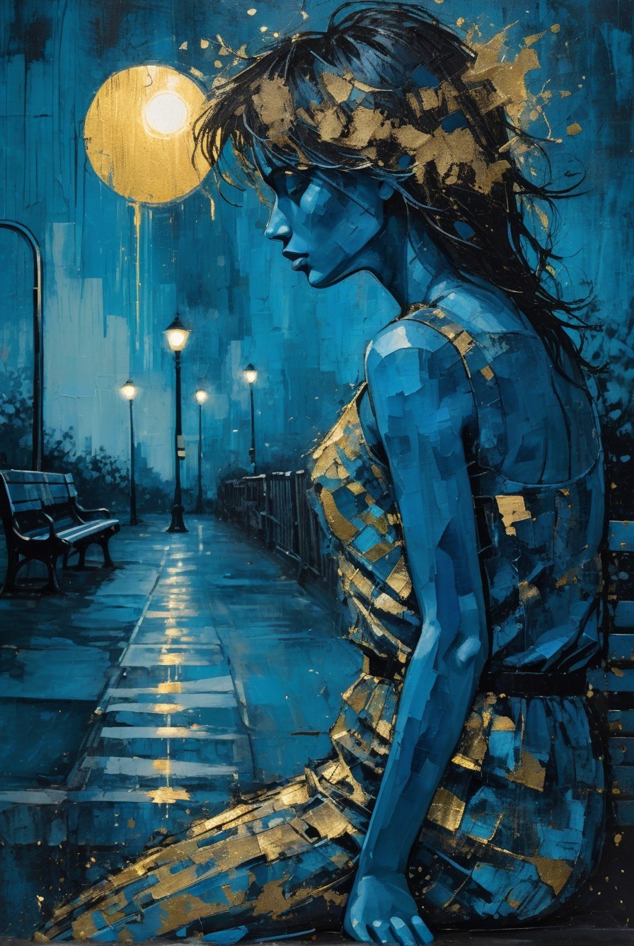 Oil Painting of a Woman in Deep Blue and Gold Tones