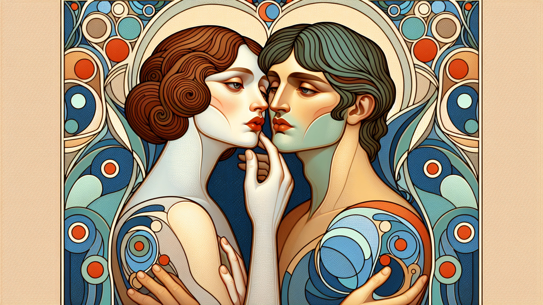 Intimate Couple Embrace with Vibrant Patterns