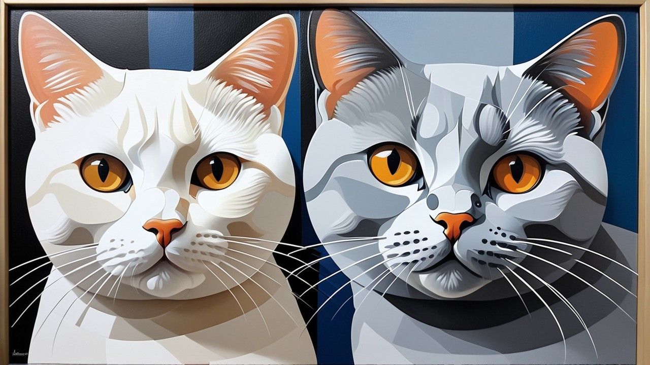 Vibrant Painting of Two Cats with Contrasting Features