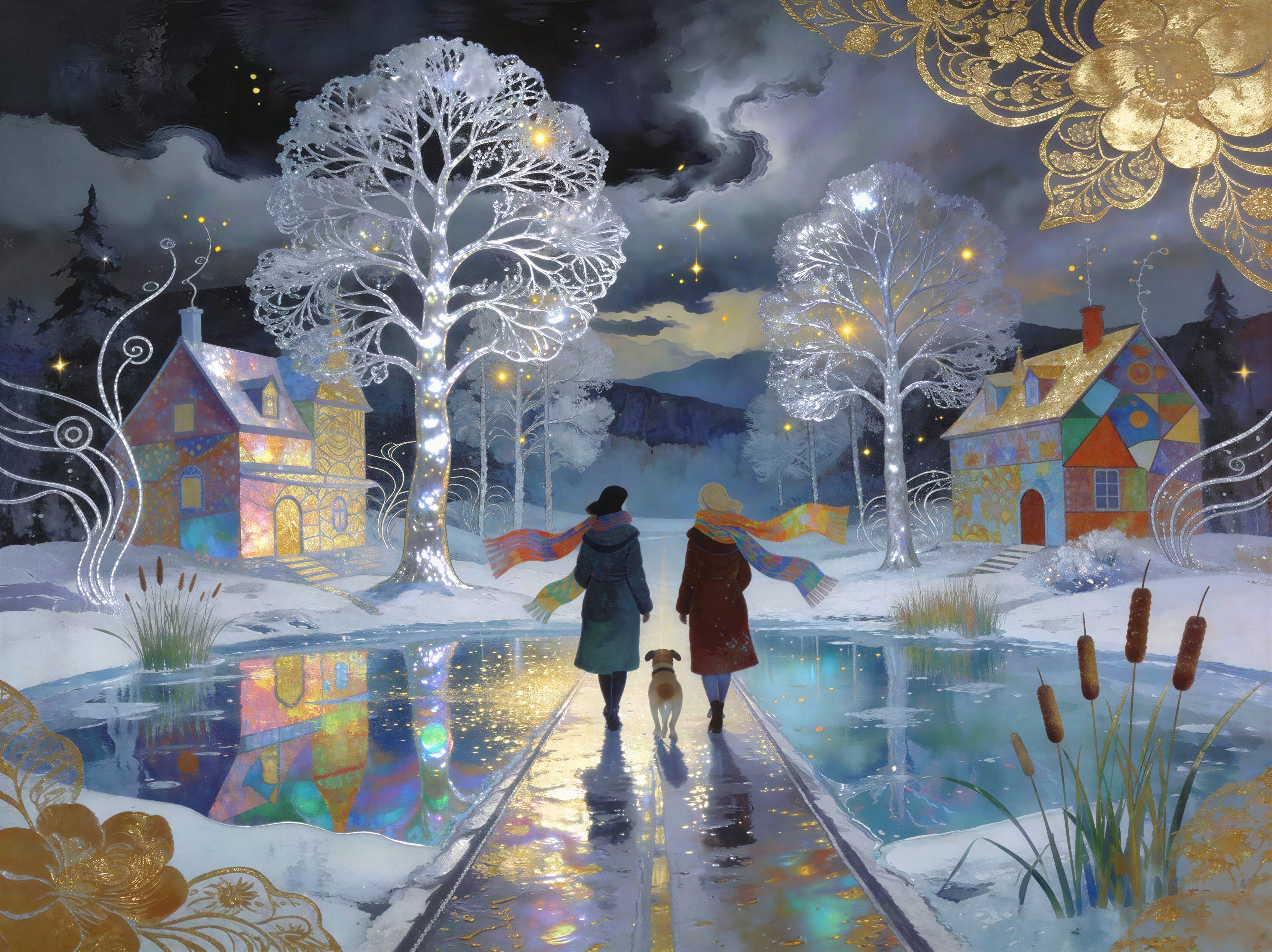 Twilight Winter Scene with People and Dog by Water