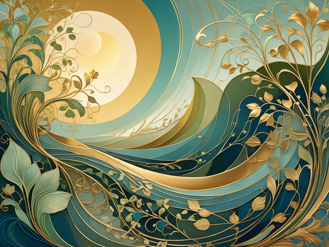 Abstract Composition of Waves and Foliage in Gold and Turquoise