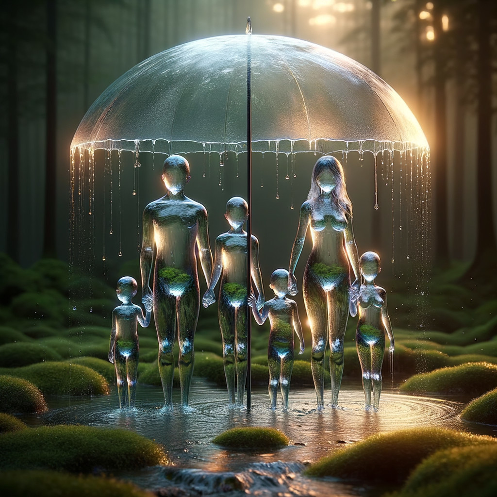 Translucent figures under an umbrella in a forest