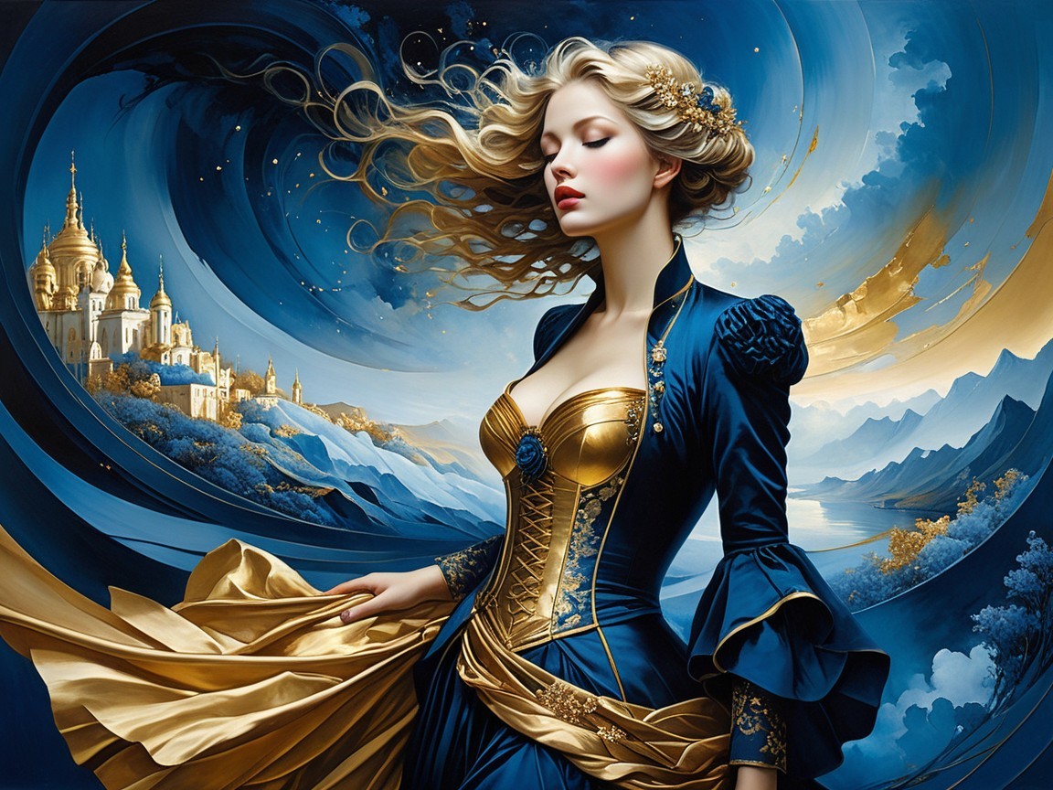 Woman in Blue Gown in a Dreamlike Landscape