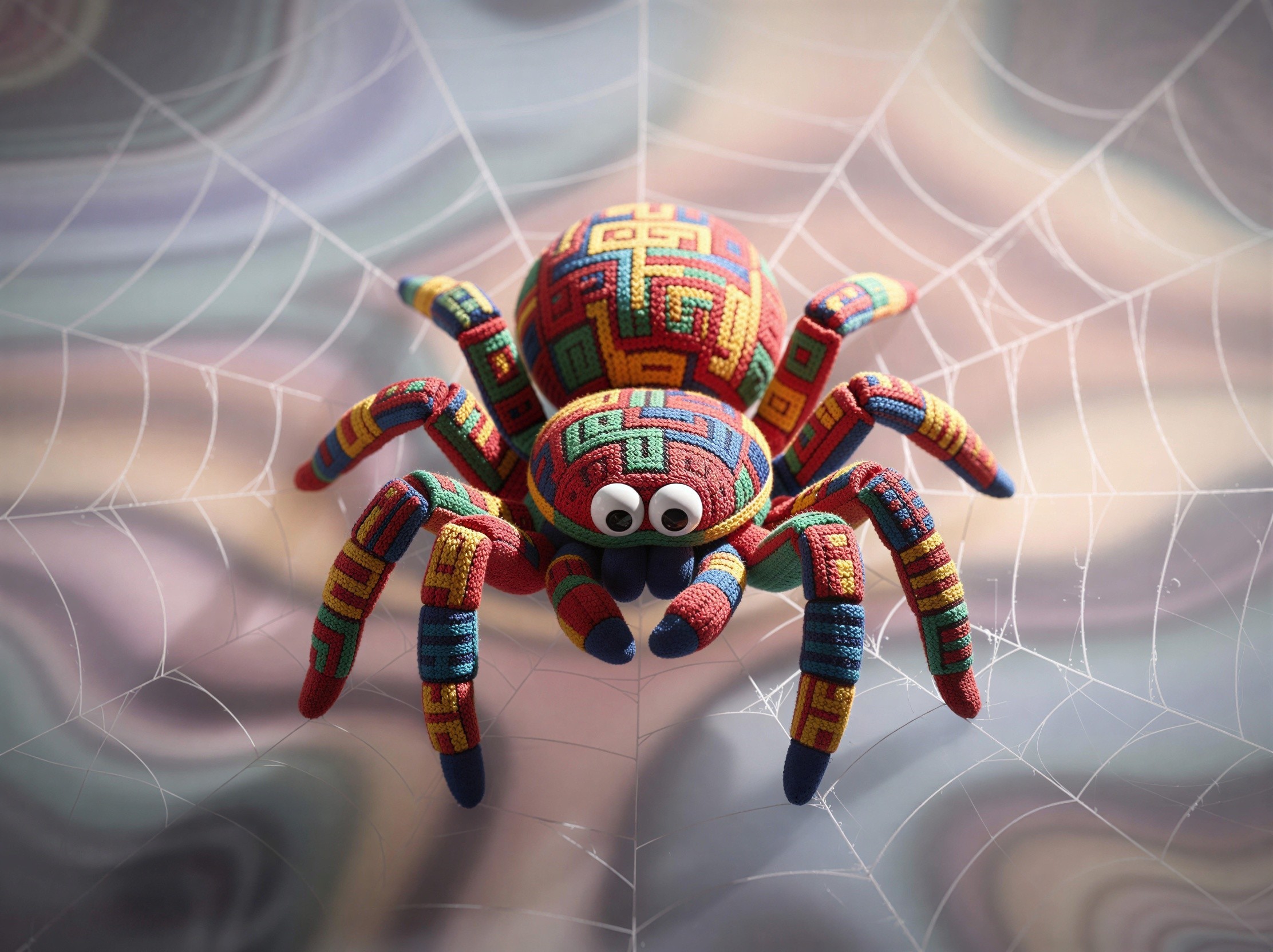 Colorful Knitted Crochet Spider Toy on Spiderweb