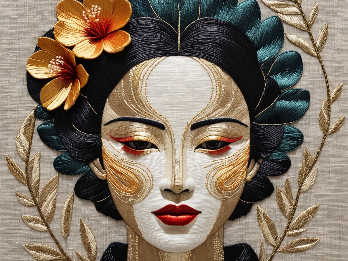 Embroidered Portrait of a Woman with Floral Details