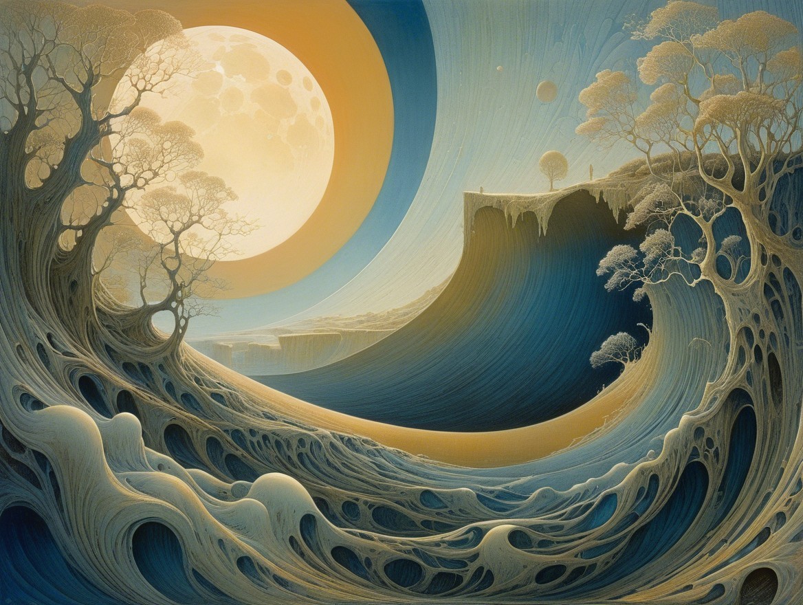 Surreal Landscape with Luminous Moon and Ocean Wave