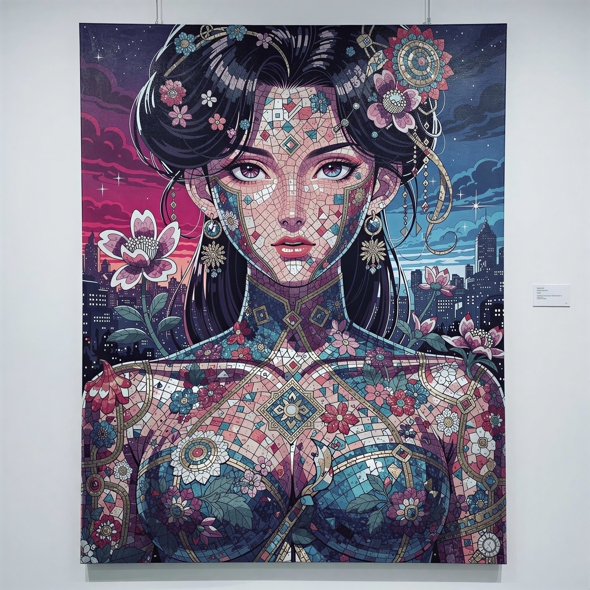 Mosaic Art Illustration of a Woman in Gallery Setting