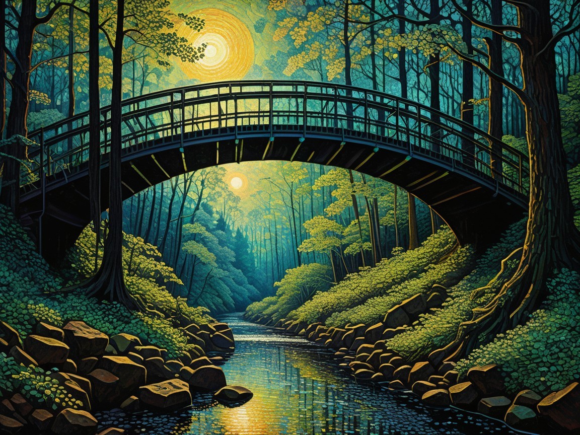 Tranquil Landscape with Wooden Bridge and Stream