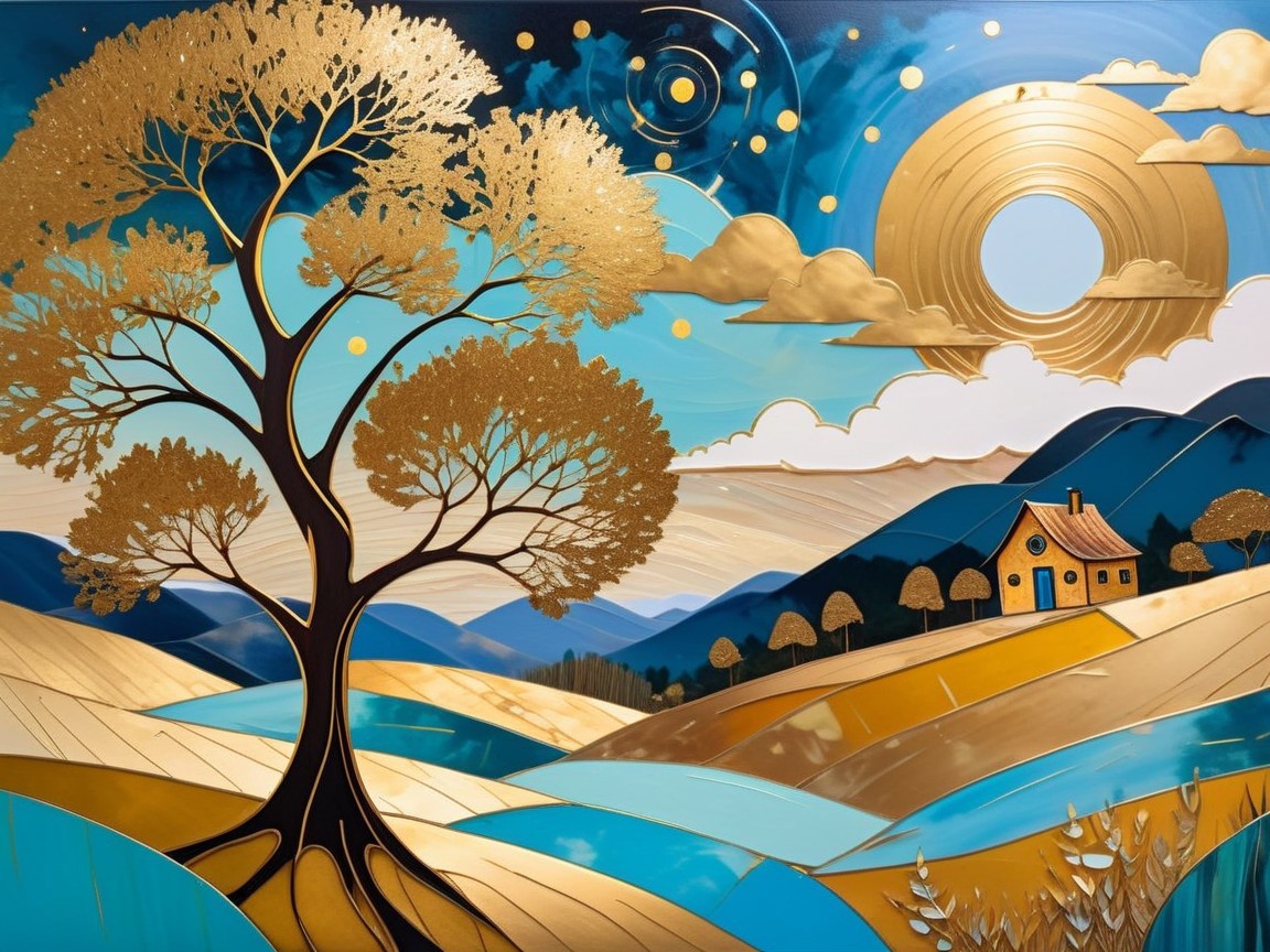 Vibrant Landscape with Golden Tree and Rolling Hills