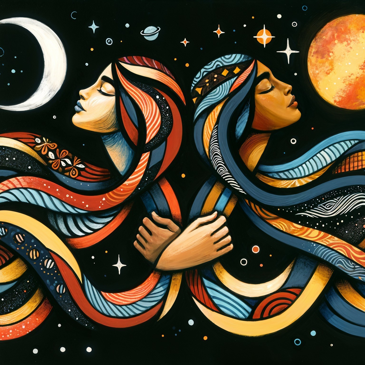 Women with Colorful Hair in Cosmic Background