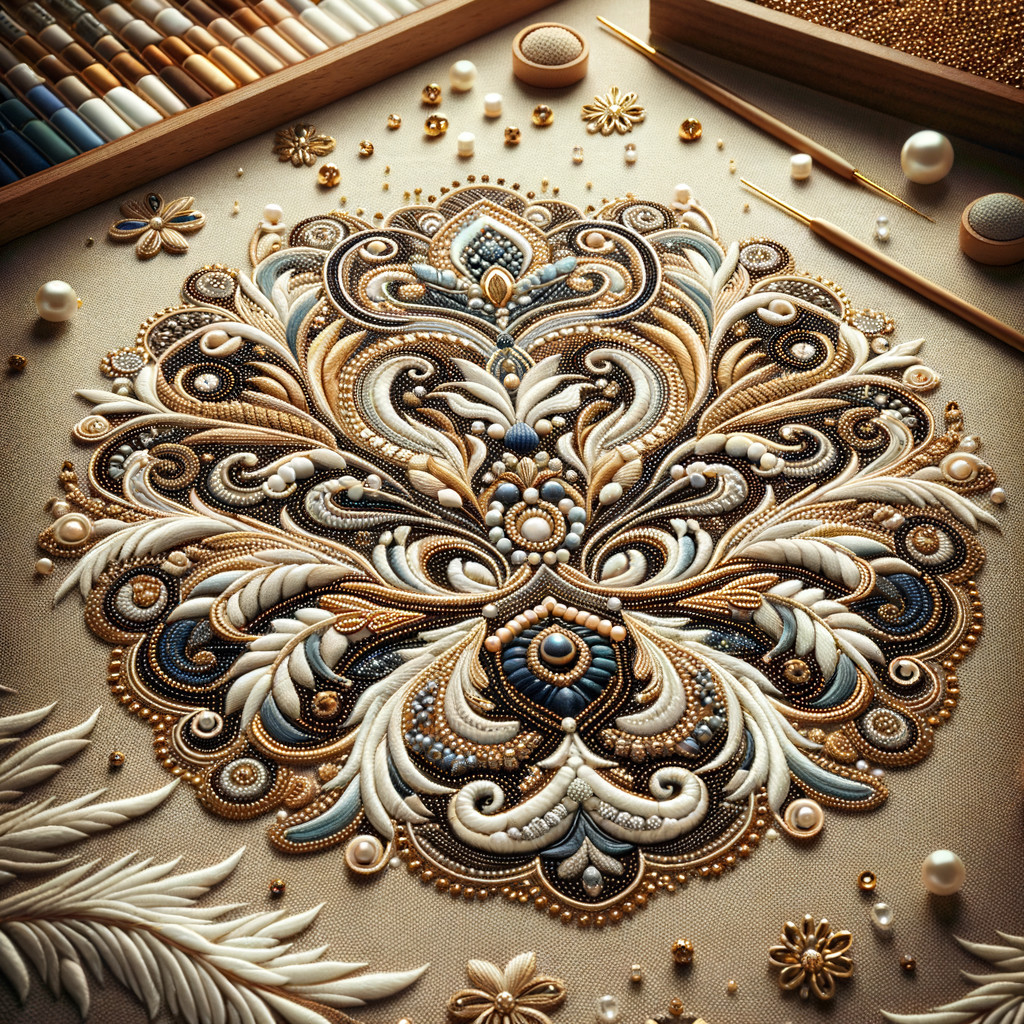 Intricate embroidery design with floral motifs and beads