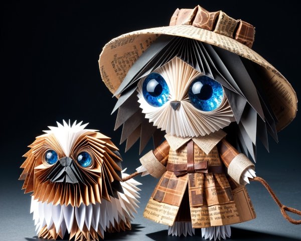 Whimsical Paper Character and Dog in Dark Background