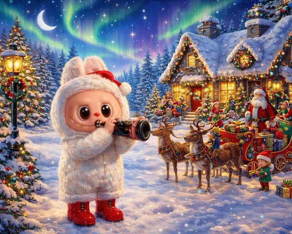 Christmas Night Scene with Furbie-Like Character