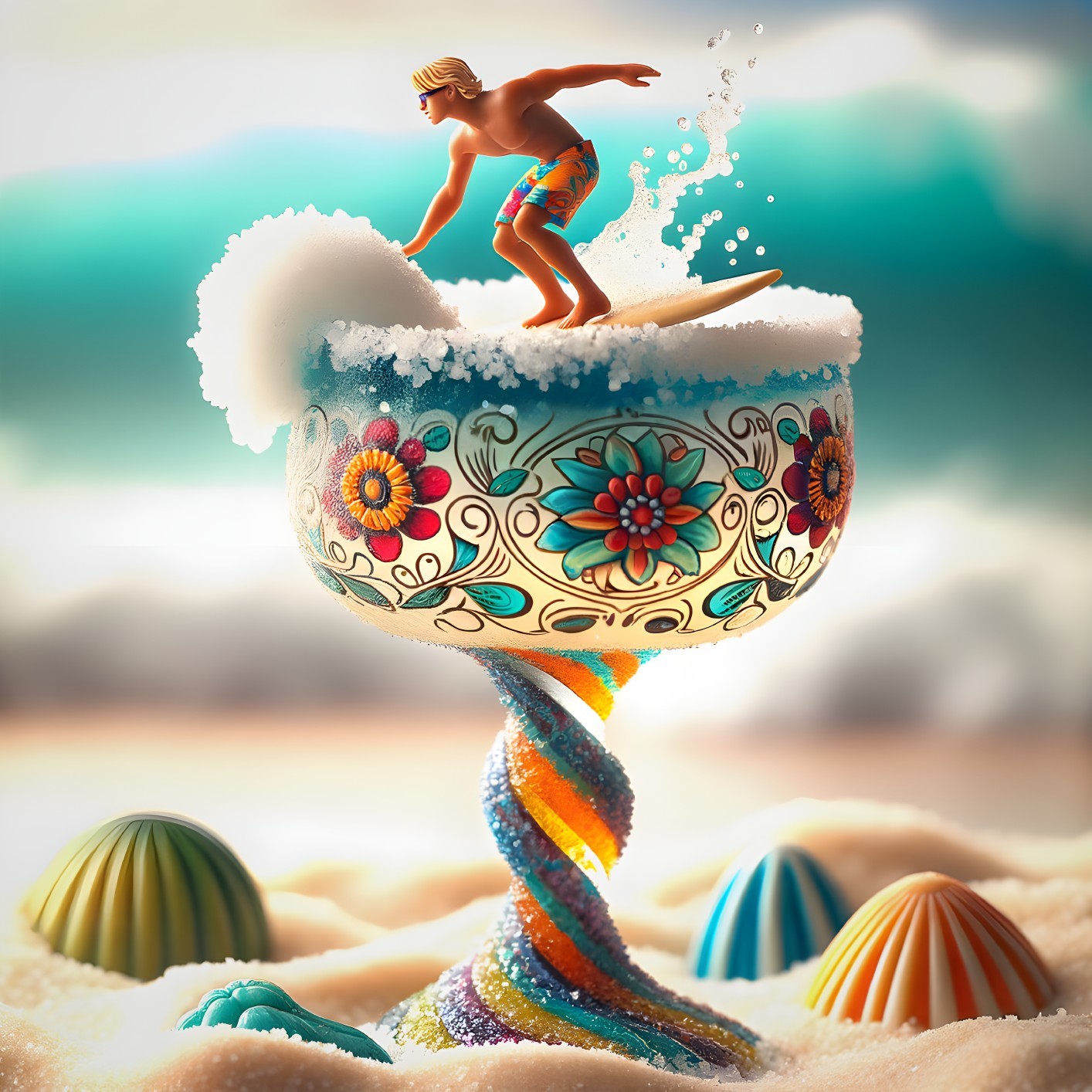 Miniature Surfer on Margarita Glass at Beach Scene