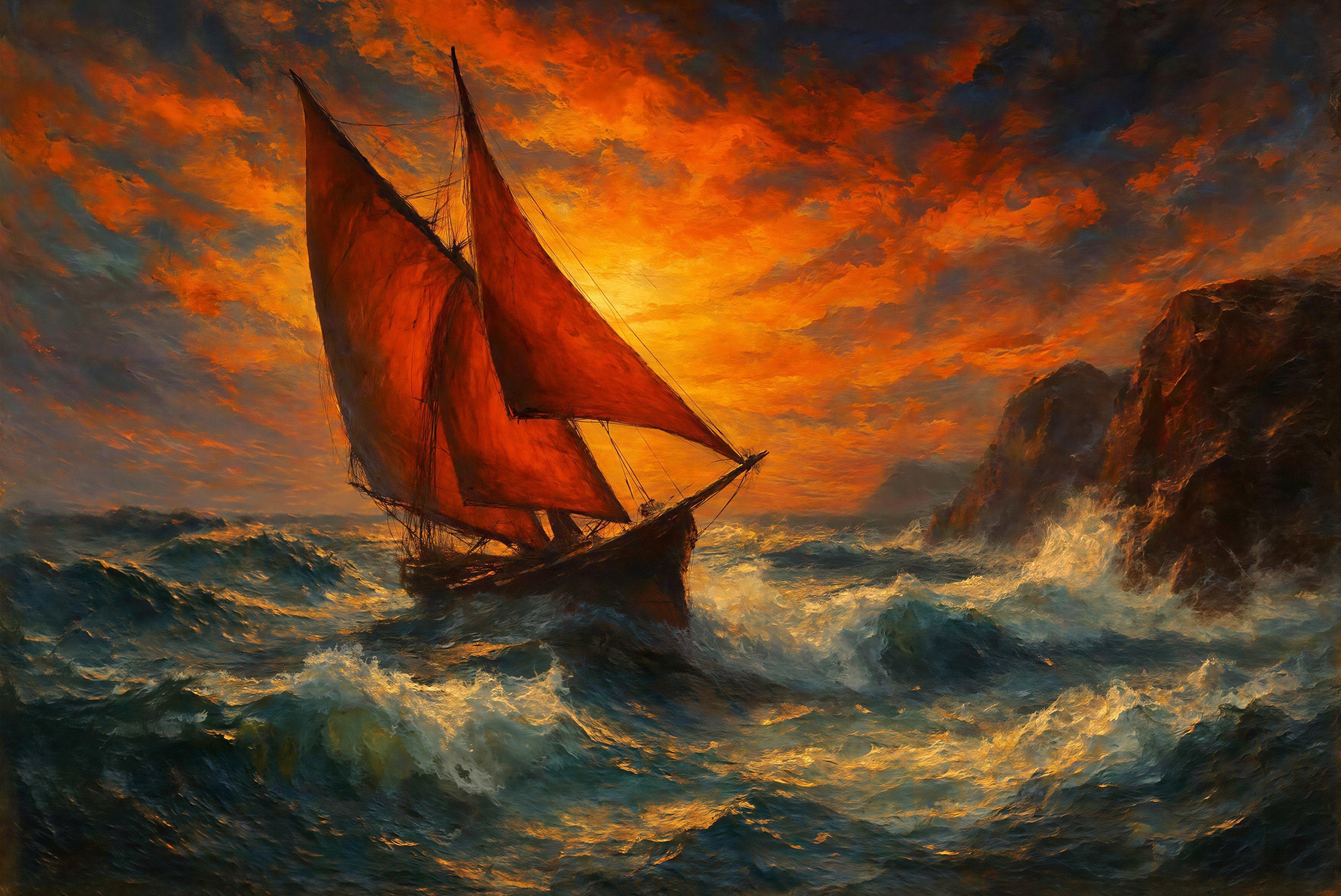 Oil Painting of Sailboat with Red Sails in Stormy Sea