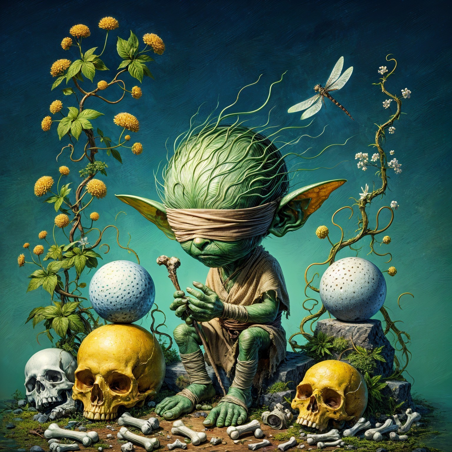 Whimsical Creature in Eerie Fantasy Setting with Skulls