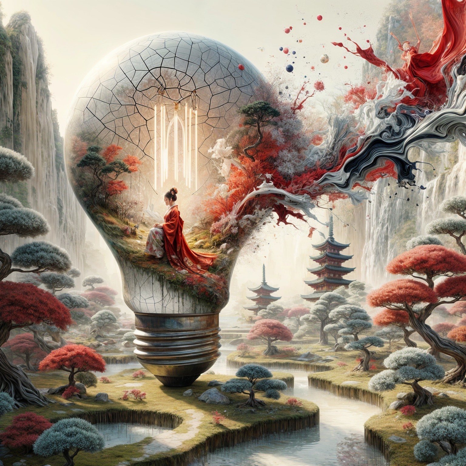 Surreal Landscape Inside a Giant Light Bulb