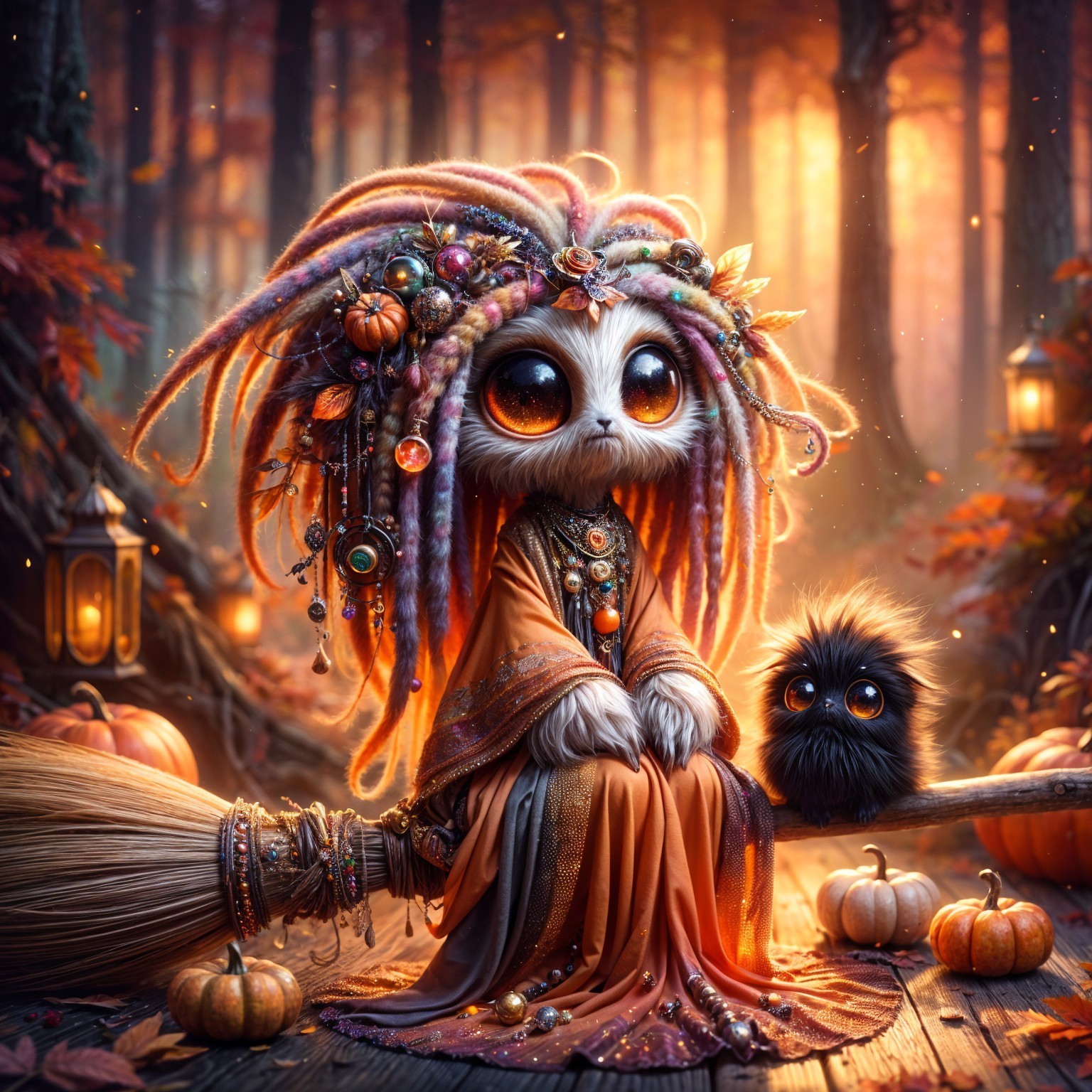 Whimsical Creature in Autumn Forest with Lanterns