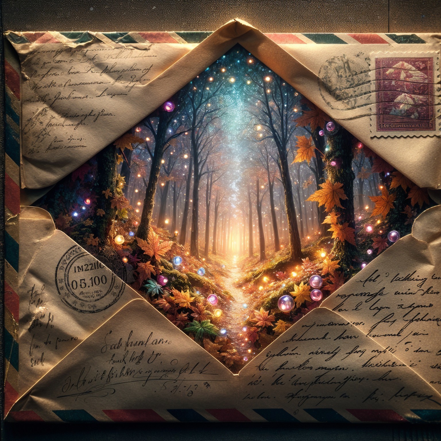 Enchanted forest scene in an open envelope setting