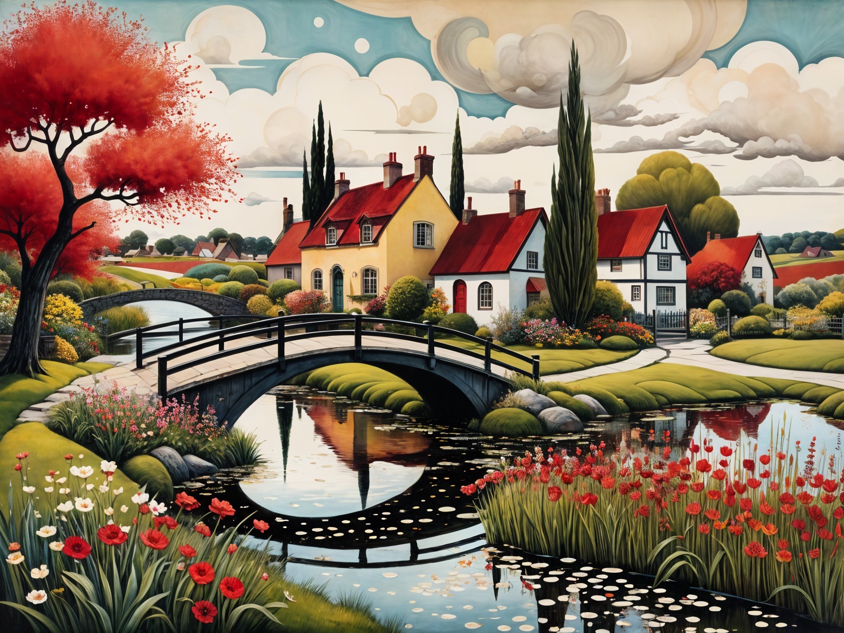 Charming Landscape with Red-Roofed Houses and Gardens