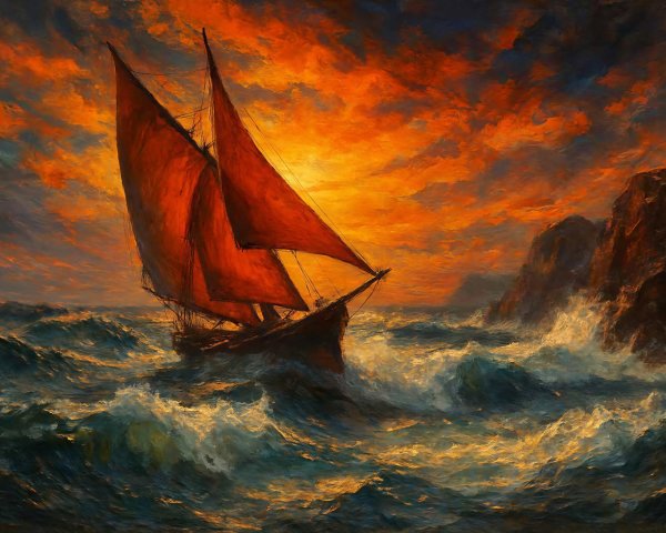 Oil Painting of Sailboat with Red Sails in Stormy Sea