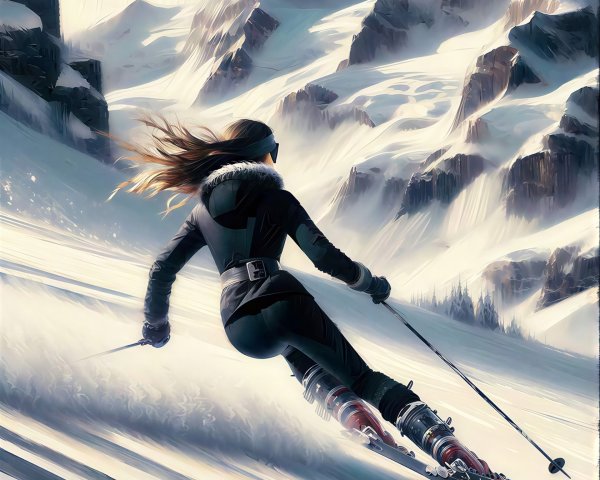 Hyperdetailed Illustration of Woman Skiing Down Mountain