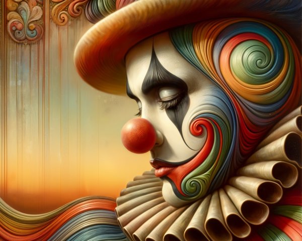 Whimsical Clown with Colorful Hair and Melancholic Expression