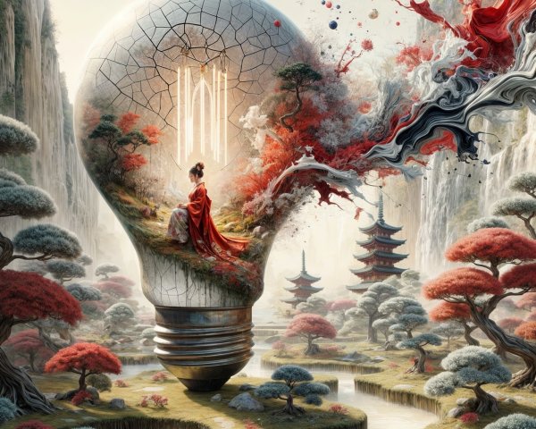 Surreal Landscape Inside a Giant Light Bulb