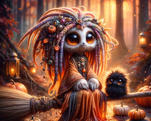 Whimsical Creature in Autumn Forest with Lanterns