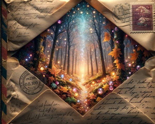Enchanted forest scene in an open envelope setting
